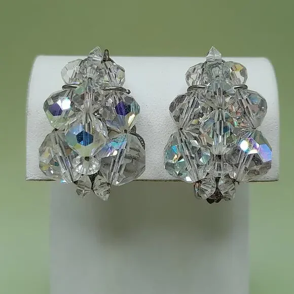 Vintage Aurora Borealis Bead Clip Earrings, 1 1/8 Inch, 1950s - Picture 10 of 10